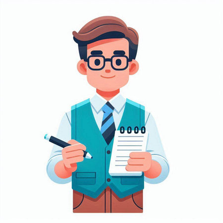 Businessman in glasses holding notepad and pen, flat vector illustration.のイラスト素材