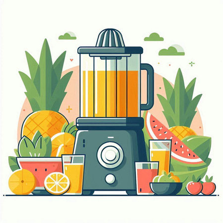 Juicer with fruits and juice. Vector illustration in flat style.のイラスト素材