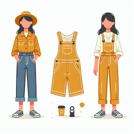 Set of women in overalls and a hat. Vector illustration.のイラスト素材