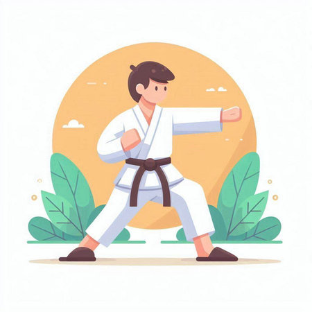 Tae Kwon Do student practicing in the park. Vector illustrationのイラスト素材