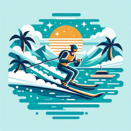 Skier skiing on the background of palm trees. Vector illustration.のイラスト素材
