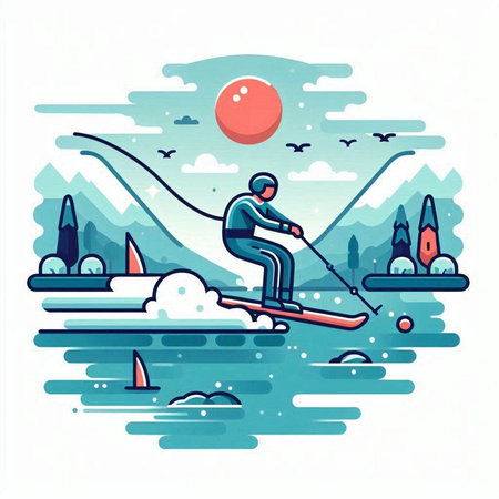 Vector illustration of skier skiing on the lake in flat style.のイラスト素材