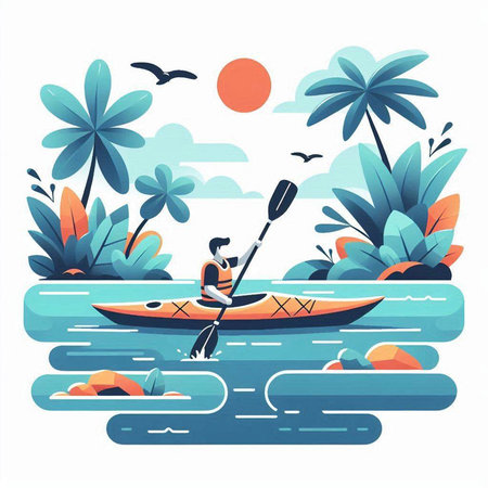 Kayaking on the river. Vector illustration in flat cartoon style.のイラスト素材