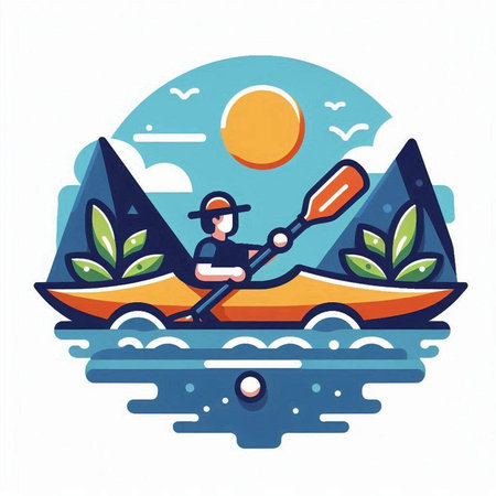 Kayaking on the river. Vector illustration in flat cartoon style.のイラスト素材