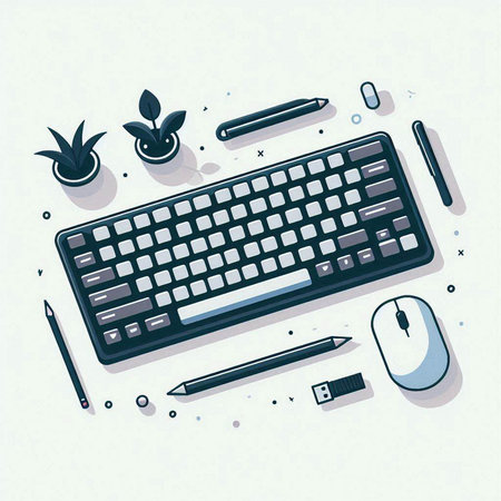 Flat design modern vector illustration concept of workplace with computer keyboard, mouse, pencil and plant.のイラスト素材