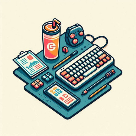 Isometric flat 3d vector illustration of a laptop, mobile phone, coffee cup, gamepad.のイラスト素材