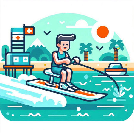 Water sport flat vector illustration. Man riding on a waterboard on the beach.のイラスト素材