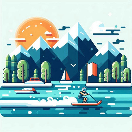 Flat style vector illustration of a man rowing on a stand-up paddleboard in the mountains.のイラスト素材