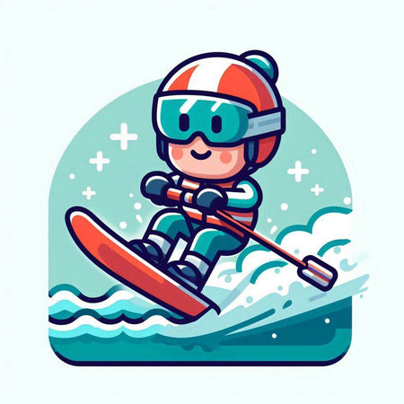 Cartoon skier on the water. Vector illustration in flat styleのイラスト素材