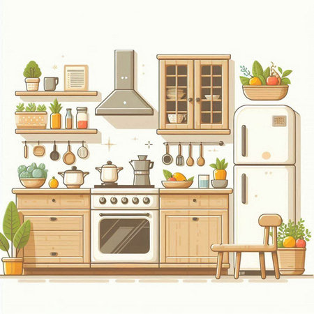 Kitchen interior. Furniture and utensils. Vector illustration.のイラスト素材