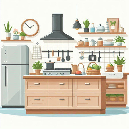 Kitchen interior with furniture and objects. Vector illustration in cartoon styleのイラスト素材