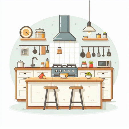 Kitchen interior with furniture and equipment. Vector illustration in cartoon styleのイラスト素材