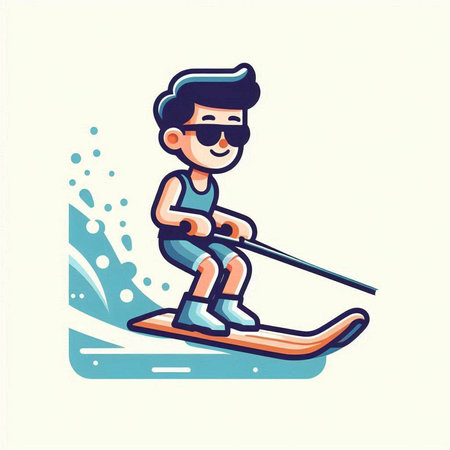 Cartoon illustration of a boy riding a water ski. Vector illustration.のイラスト素材
