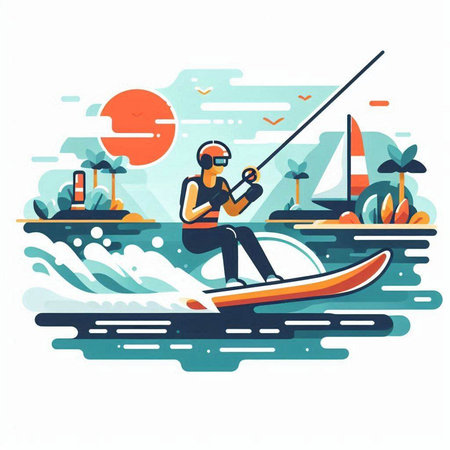 Water sport vector illustration. Cartoon man riding a wakeboard on the beach.のイラスト素材