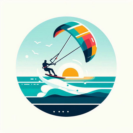 Kitesurfing on the sea. Vector illustration in flat styleのイラスト素材