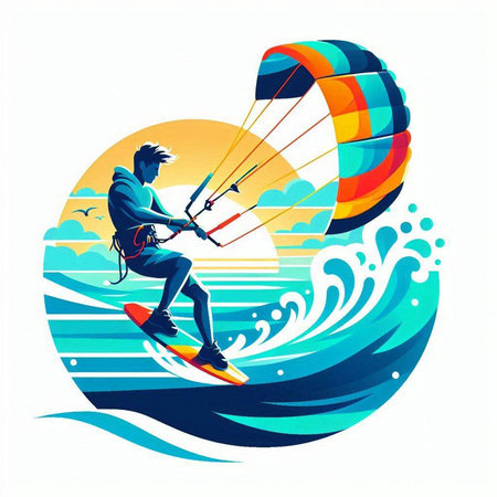 Kitesurfer on the waves of the sea. Vector illustrationのイラスト素材