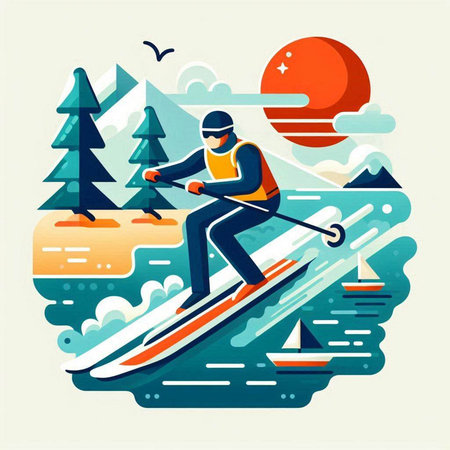 Skiing flat vector illustration. Skiing on the lake.のイラスト素材