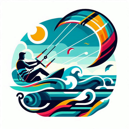 Kitesurfing in the sea. Colorful vector illustration.のイラスト素材