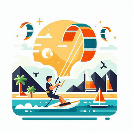 Kitesurfing flat vector illustration. Summer vacation, extreme sport, leisure activity concept.のイラスト素材