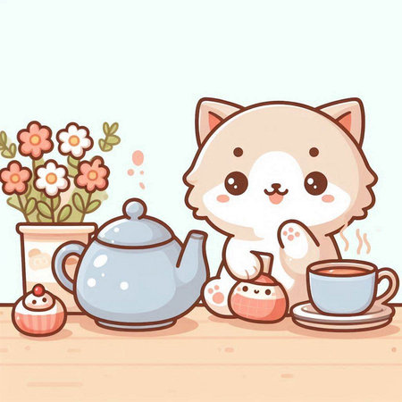 Illustration of a Cute Cat Sitting Beside a Cup of Teaのイラスト素材
