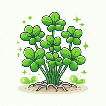Illustration of green clover with roots on a white background.のイラスト素材