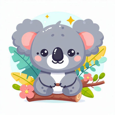 Cute koala sitting on the branch with flowers. Vector illustration.のイラスト素材