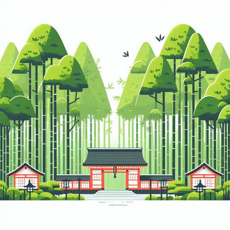 Japanese Temple in the forest. Vector illustration in flat design style.のイラスト素材