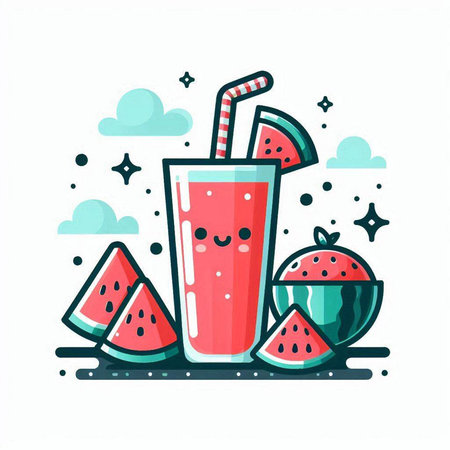 Watermelon smoothie in glass with straw and watermelon slices. Hand drawn vector illustration.のイラスト素材