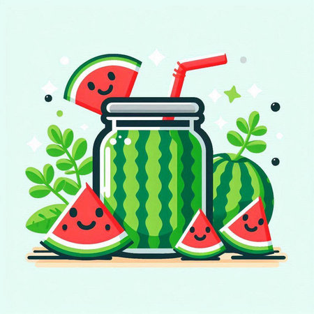 Smiling watermelon smoothie in a jar and slices of watermelon. Vector illustration.のイラスト素材