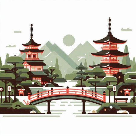 Japanese landscape with temples and bridge. Vector illustration in flat style.のイラスト素材