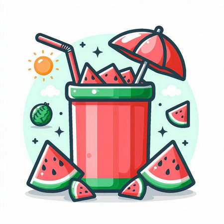 Watermelon smoothie in glass with umbrella and watermelon slices. Vector illustrationのイラスト素材