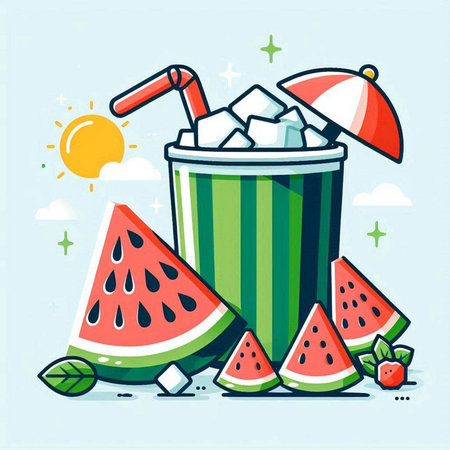 Vector illustration of a glass of watermelon smoothie with ice cubes and a straw.のイラスト素材