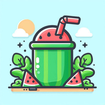 Green smoothie with watermelon and mint. Vector illustration in cartoon style.のイラスト素材
