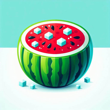 Illustration of a watermelon on a white background with blue cubesのイラスト素材