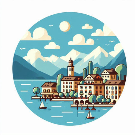 Town on the lake in the circle. Vector illustration in flat styleのイラスト素材