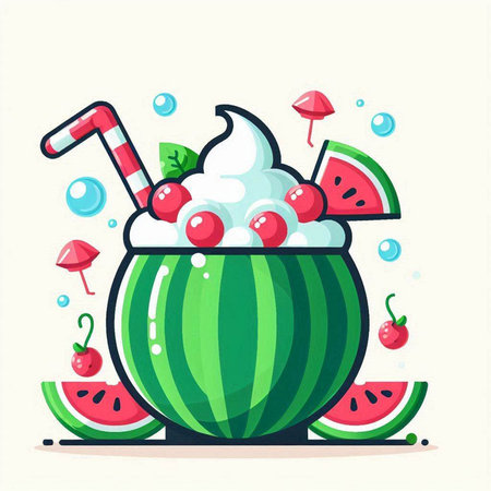 Watermelon smoothie with whipped cream, ice cream and cherry. Vector illustration.のイラスト素材
