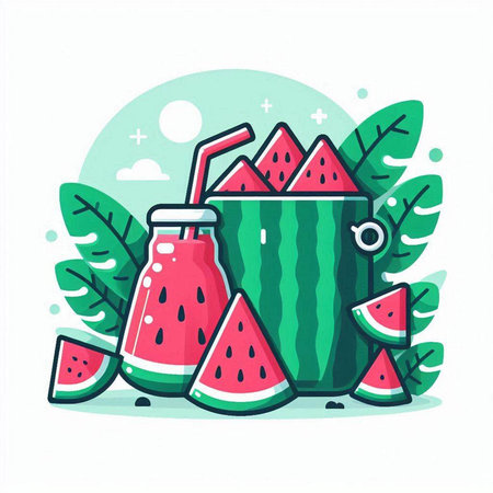 Watermelon smoothie in a bottle and slices of watermelon. Vector illustration.のイラスト素材