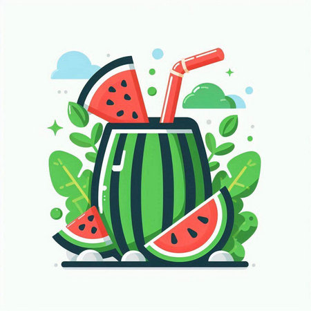 Watermelon smoothie flat vector illustration. Fresh watermelon juice with leaves.のイラスト素材
