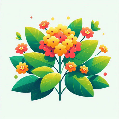 Illustration of yellow and red flowers with green leaves on white backgroundのイラスト素材