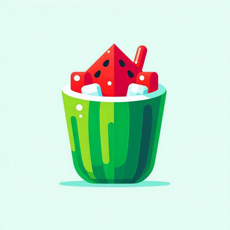 Watermelon slice in watermelon bowl with ice cubes. Vector illustration.のイラスト素材