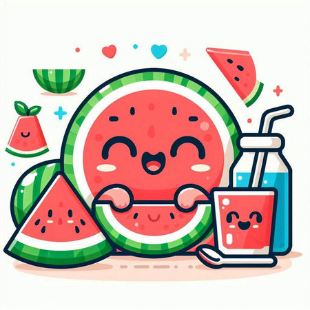 Cute watermelon character with juice. Vector illustration in cartoon styleのイラスト素材