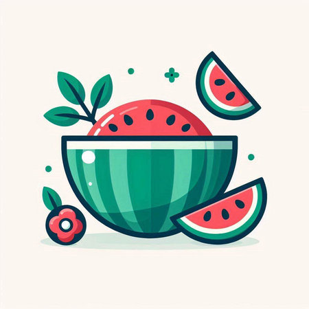 Watermelon and cherries in a bowl. Flat vector illustration.のイラスト素材