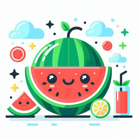 Funny cartoon watermelon. Vector illustration in a flat style.のイラスト素材