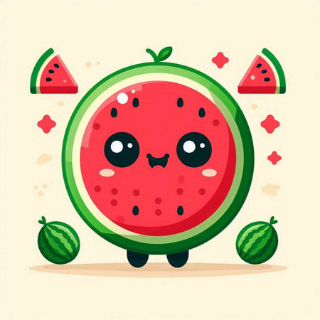 Cute cartoon watermelon character with eyes and mouth, vector illustrationのイラスト素材