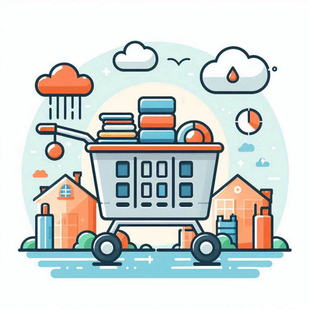 Vector illustration of shopping cart full of items. Online shopping concept.のイラスト素材