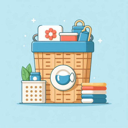 Illustration of laundry basket with clothes and accessories on blue background.のイラスト素材