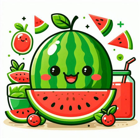 Cute cartoon watermelon character with juice and fruits. Vector illustration.のイラスト素材