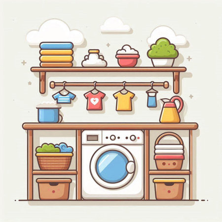 Laundry room with washing machine and clothes. Vector illustration.のイラスト素材