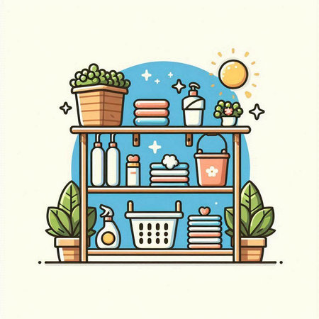 Illustration of a shelf with different household items. Vector illustration.のイラスト素材