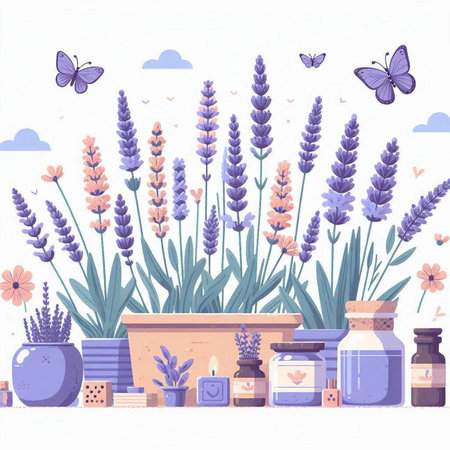 Flat vector illustration of lavender flowers in a pot with a bottle of essential oil and a butterfly.のイラスト素材